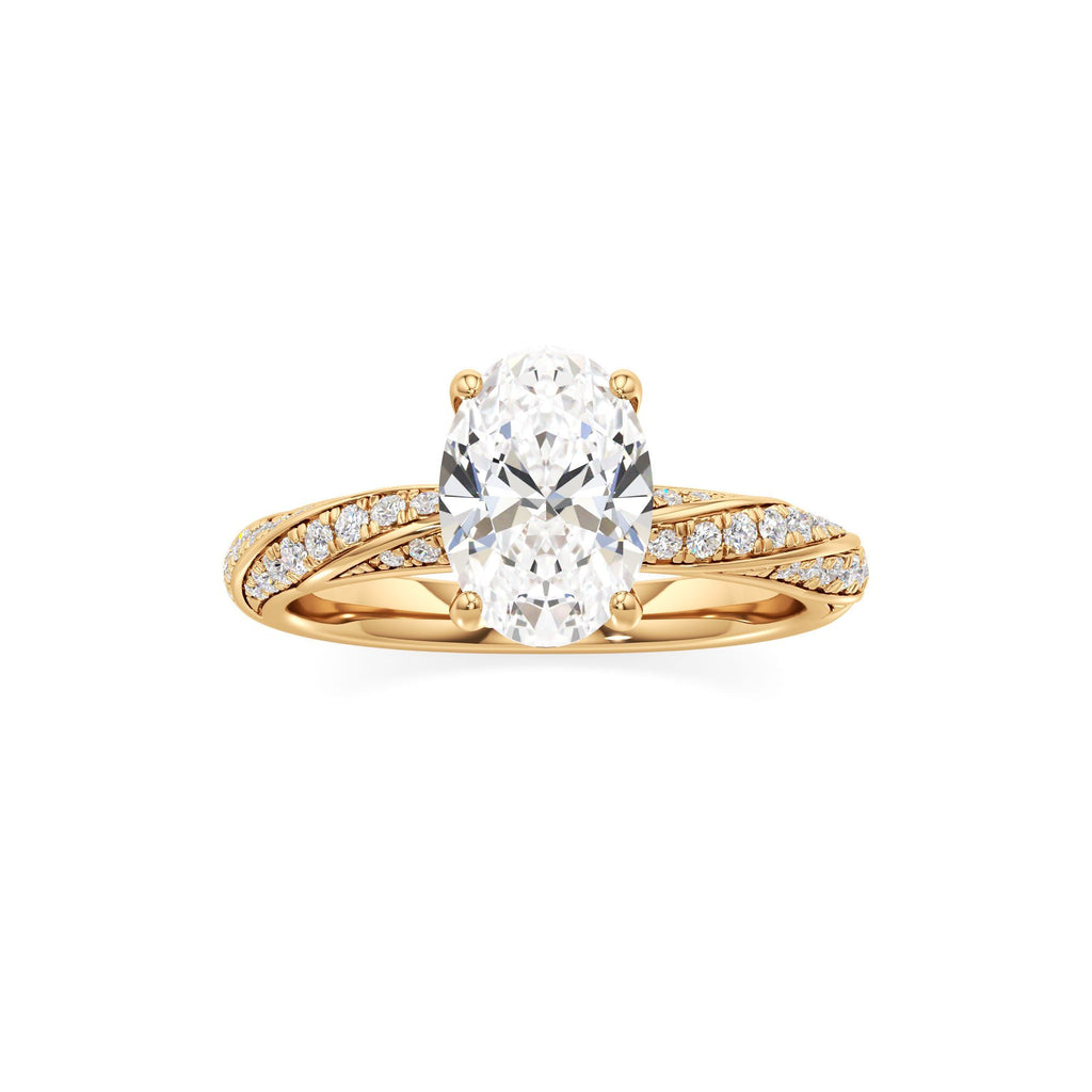 2.00 ct Twisted Pavé Ring, IGI Certified Lab Grown Diamond, Woven Solitaire 2ct Yellow Gold Oval