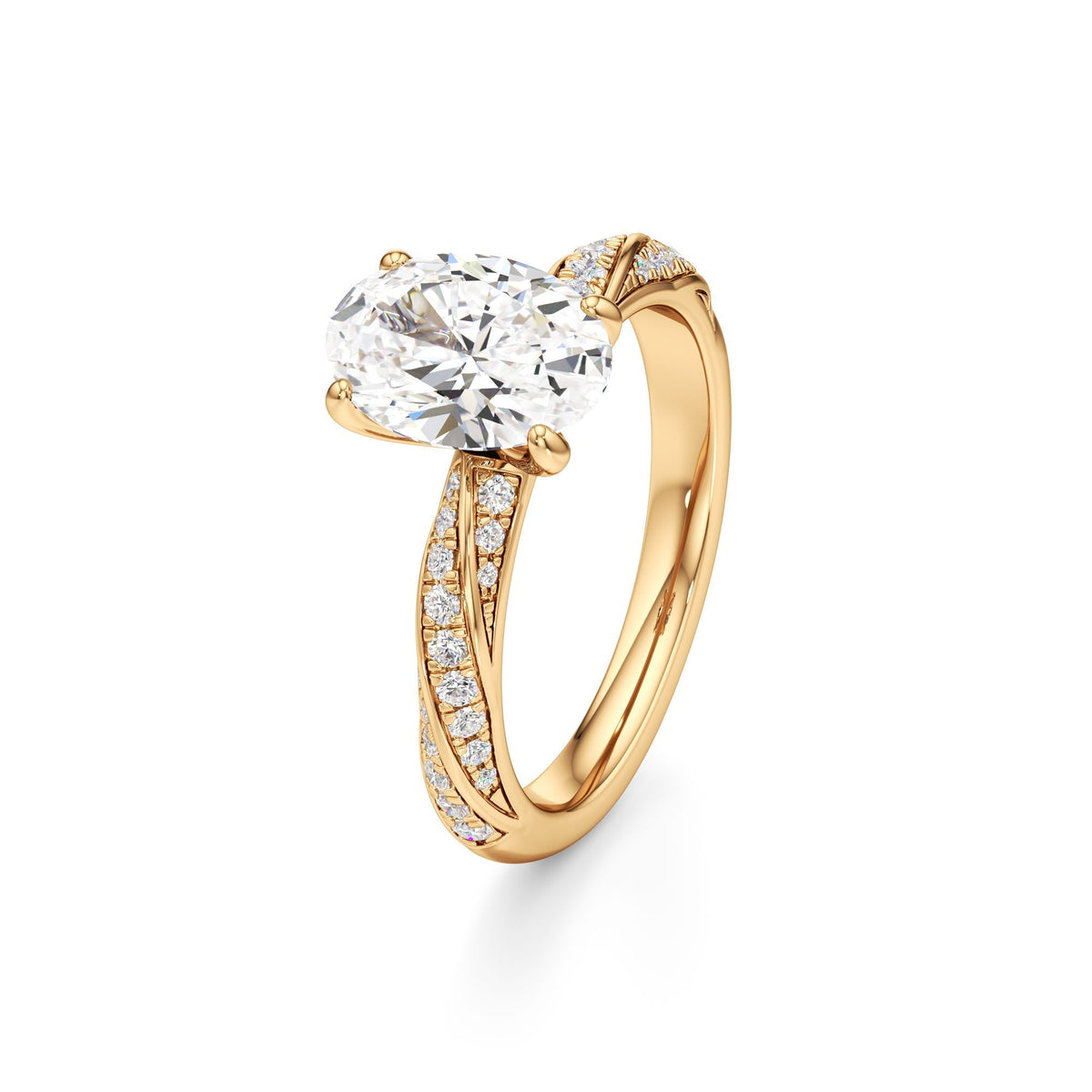2.00 ct Twisted Pavé Ring, IGI Certified Lab Grown Diamond, Woven Solitaire 2ct Yellow Gold Oval