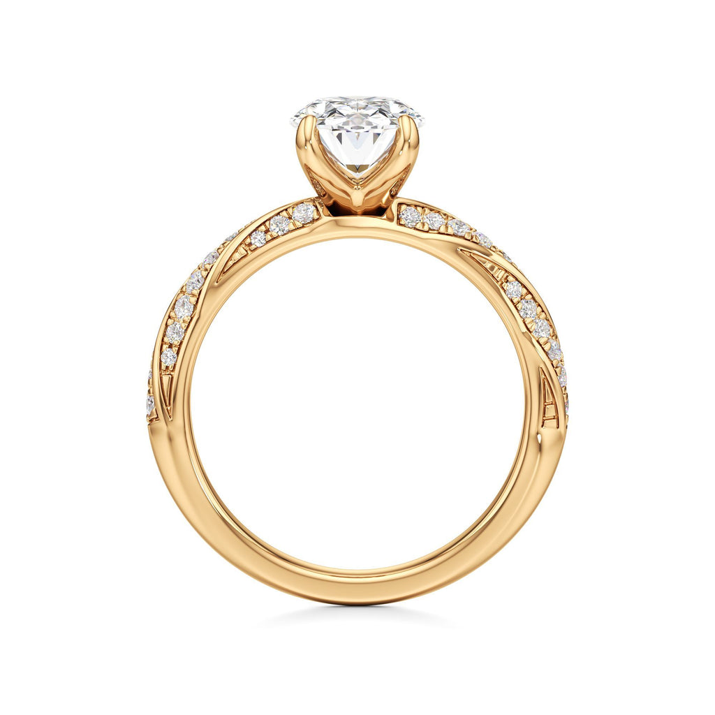 2.00 ct Twisted Pavé Ring, IGI Certified Lab Grown Diamond, Woven Solitaire 2ct Yellow Gold Oval