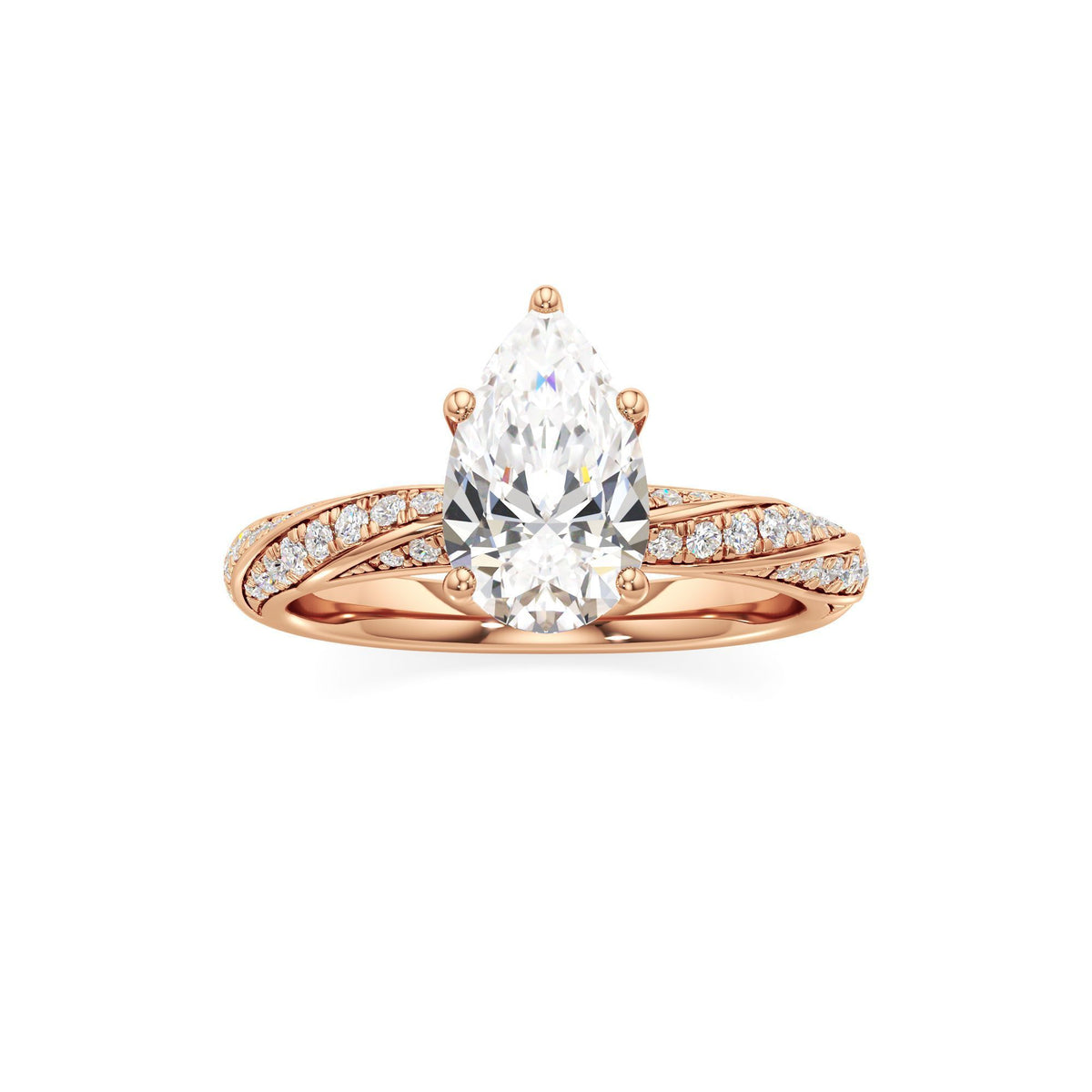 2.00 ct Twisted Pavé Ring, IGI Certified Lab Grown Diamond, Woven Solitaire 2ct Rose Gold Pear