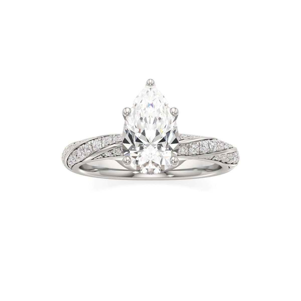2.00 ct Twisted Pavé Ring, IGI Certified Lab Grown Diamond, Woven Solitaire 2ct White Gold Pear