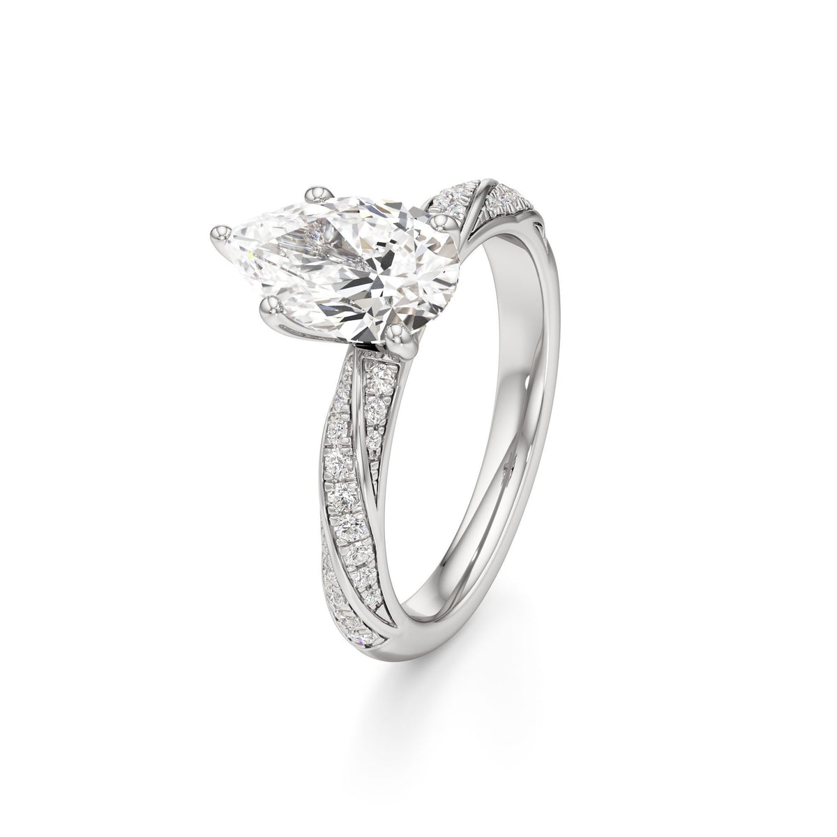 2.00 ct Twisted Pavé Ring, IGI Certified Lab Grown Diamond, Woven Solitaire 2ct White Gold Pear