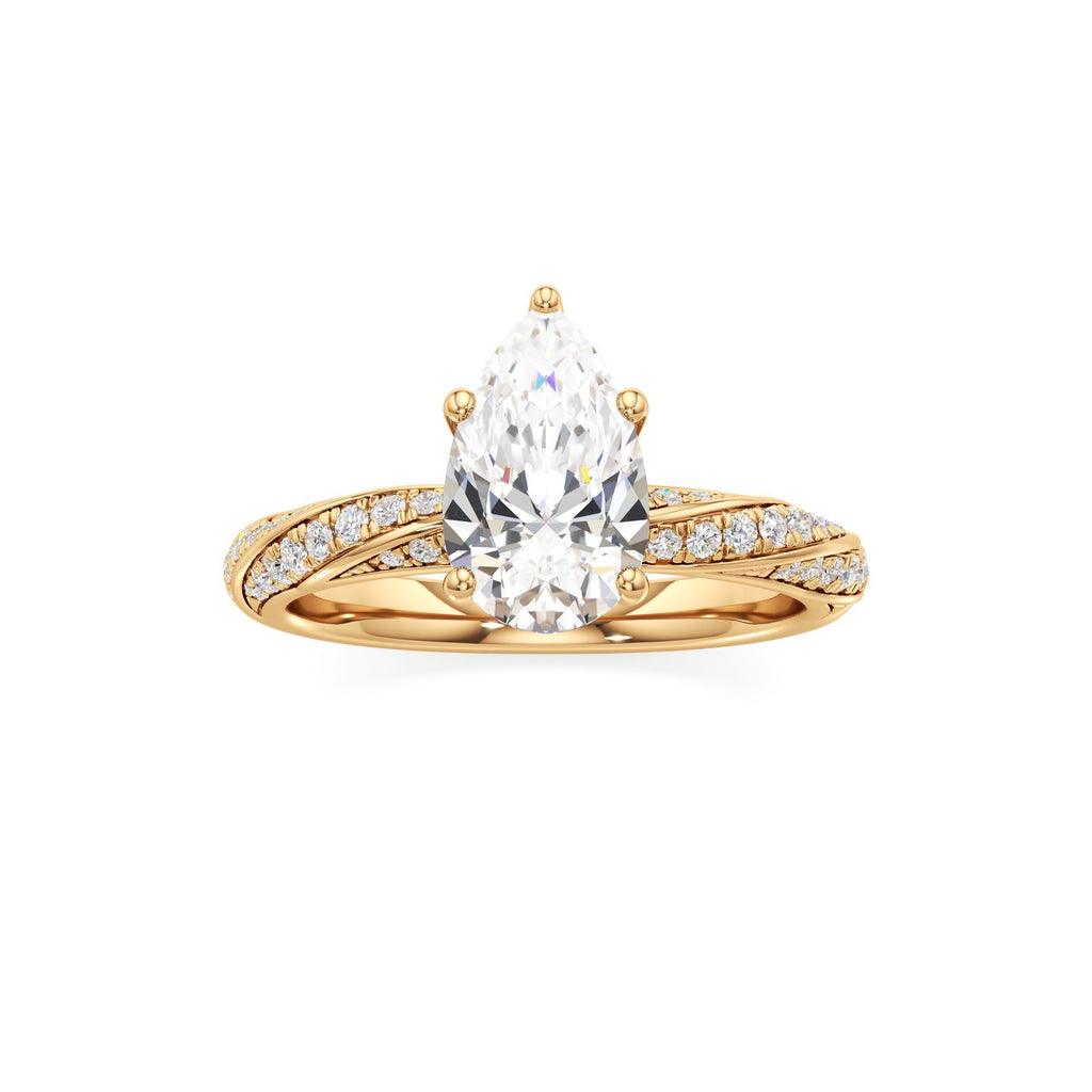 2.00 ct Twisted Pavé Ring, IGI Certified Lab Grown Diamond, Woven Solitaire 2ct Yellow Gold Pear