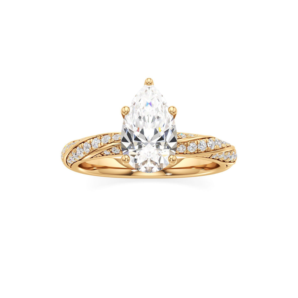 2.00 ct Twisted Pavé Ring, IGI Certified Lab Grown Diamond, Woven Solitaire 2ct Yellow Gold Pear