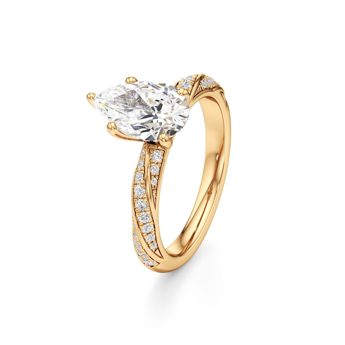2.00 ct Twisted Pavé Ring, IGI Certified Lab Grown Diamond, Woven Solitaire 2ct Yellow Gold Pear