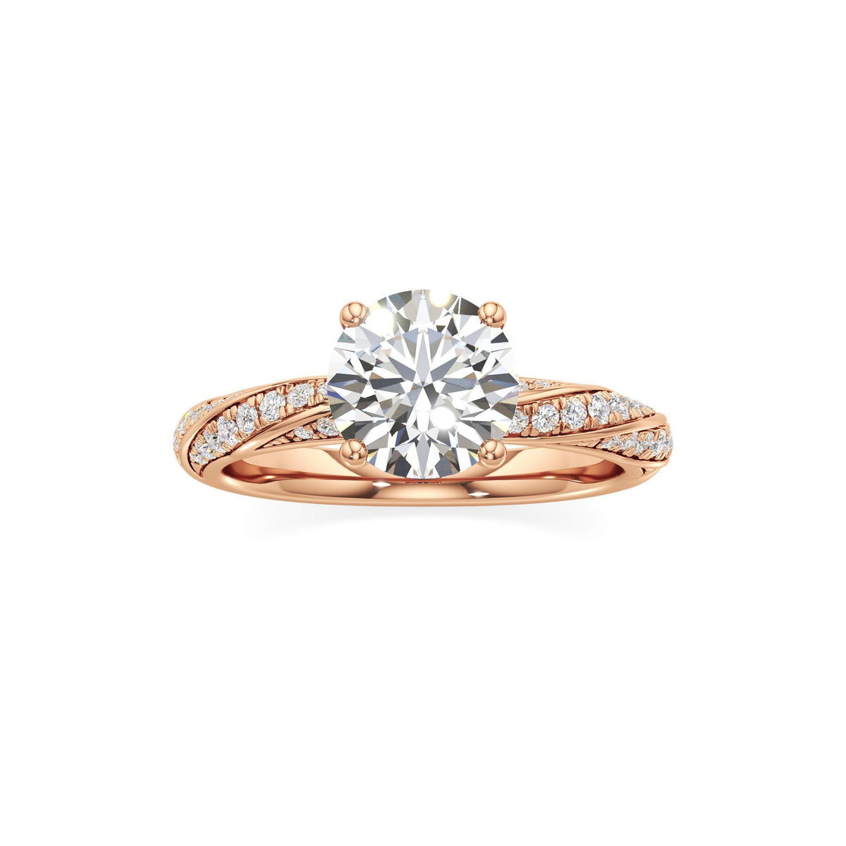 2.00 ct Twisted Pavé Ring, IGI Certified Lab Grown Diamond, Woven Solitaire 2ct Rose Gold Round