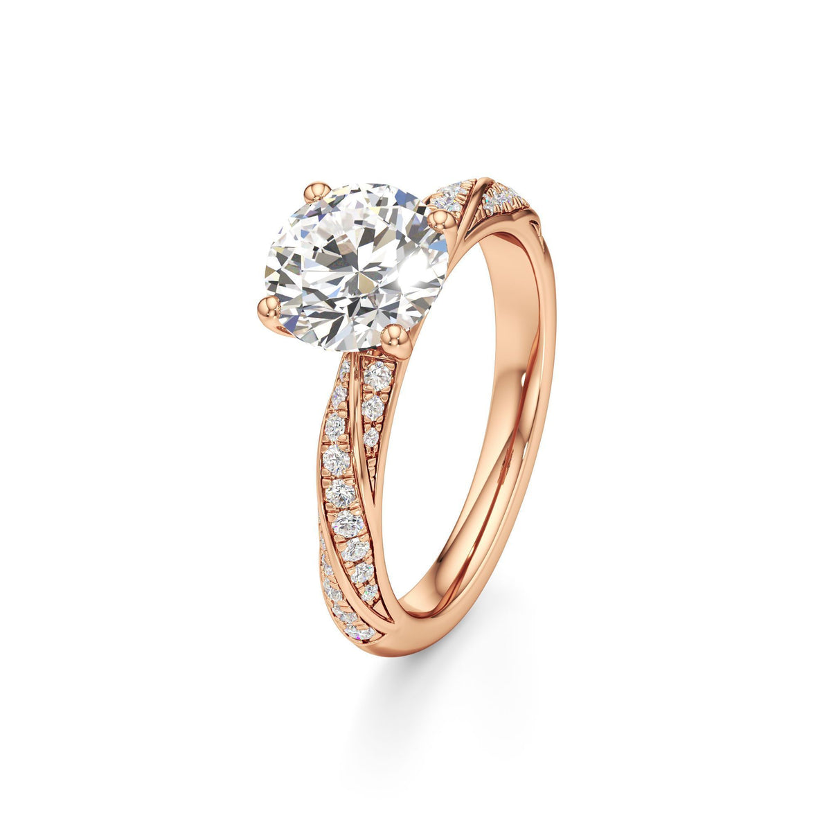 2.00 ct Twisted Pavé Ring, IGI Certified Lab Grown Diamond, Woven Solitaire 2ct Rose Gold Round