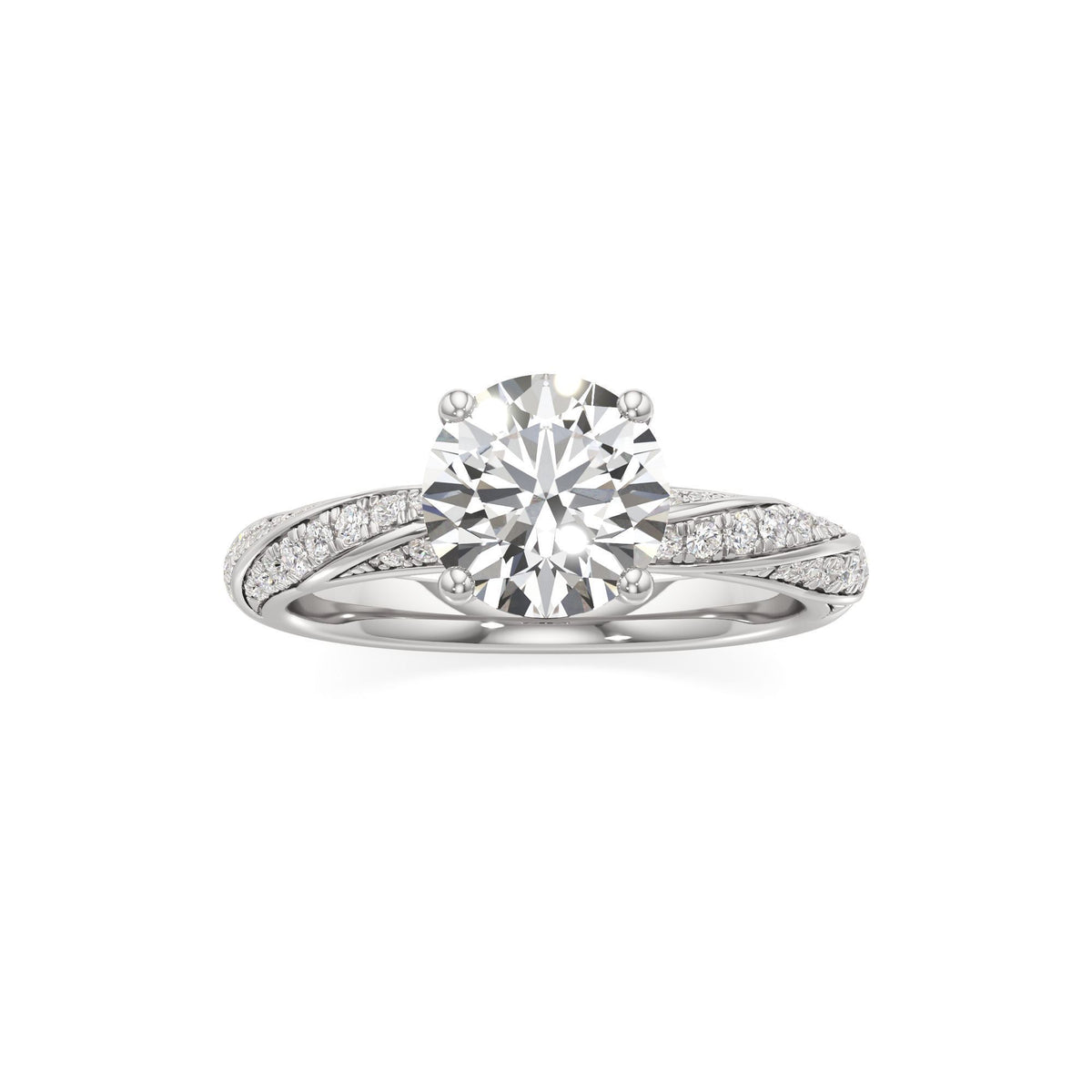 2.00 ct Twisted Pavé Ring, IGI Certified Lab Grown Diamond, Woven Solitaire 2ct White Gold Round
