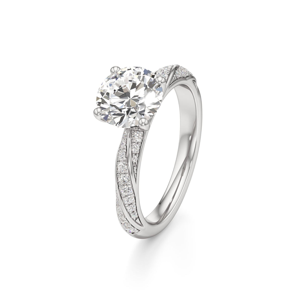 2.00 ct Twisted Pavé Ring, IGI Certified Lab Grown Diamond, Woven Solitaire 2ct White Gold Round