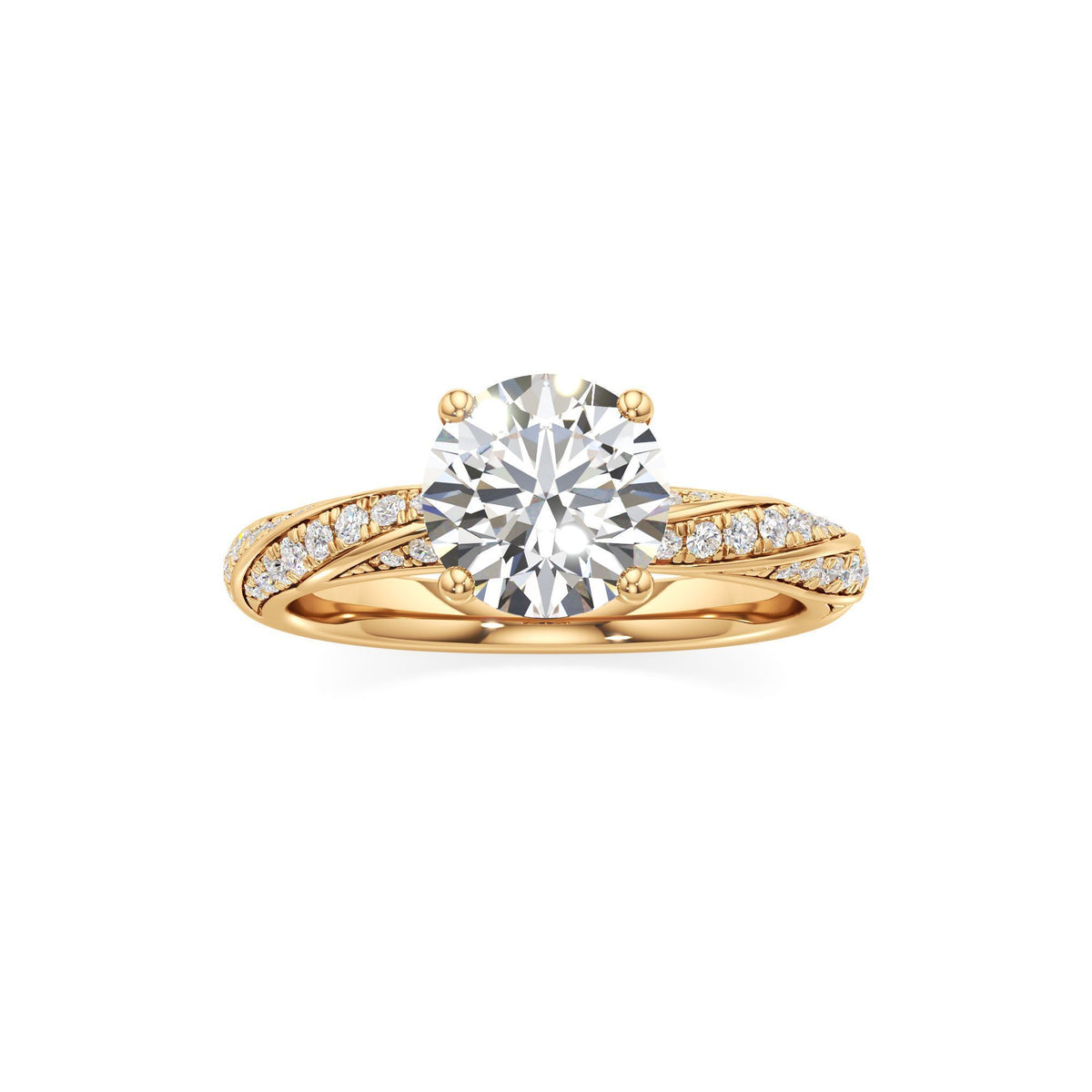 2.00 ct Twisted Pavé Ring, IGI Certified Lab Grown Diamond, Woven Solitaire 2ct Yellow Gold Round