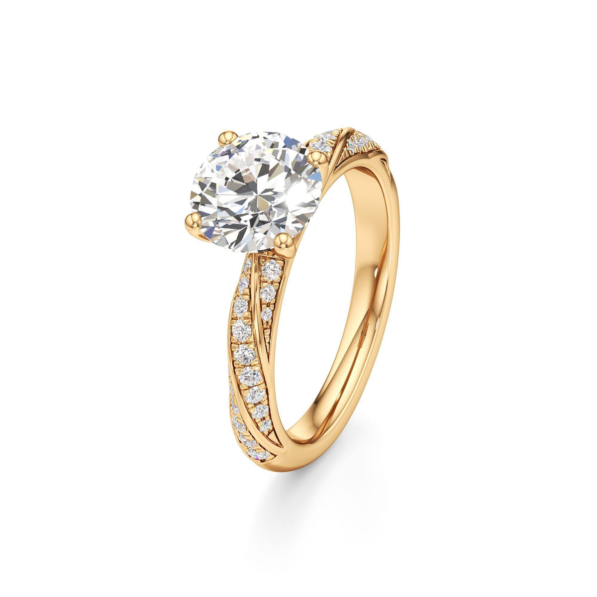 2.00 ct Twisted Pavé Ring, IGI Certified Lab Grown Diamond, Woven Solitaire 2ct Yellow Gold Round