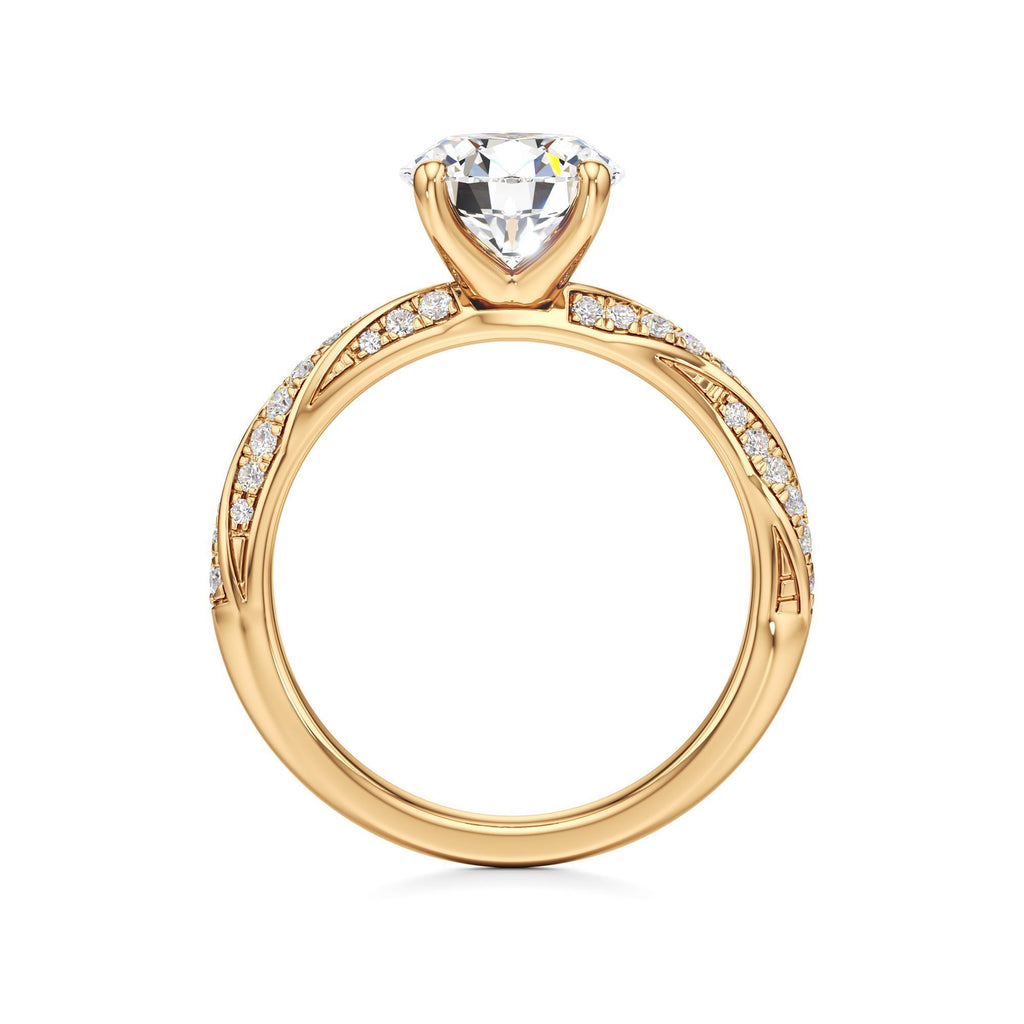 2.00 ct Twisted Pavé Ring, IGI Certified Lab Grown Diamond, Woven Solitaire 2ct Yellow Gold Round