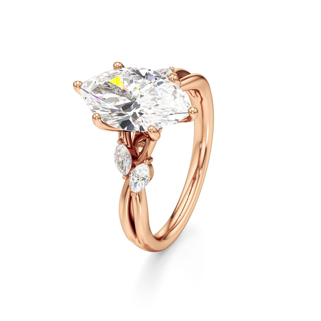 3.00 ct East-West Floral Ring, IGI Certified Lab Grown Diamond, Split Shank Solitaire 3ct Rose Gold Marquise