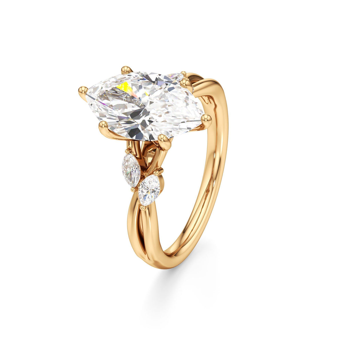 3.00 ct East-West Floral Ring, IGI Certified Lab Grown Diamond, Split Shank Solitaire 3ct Yellow Gold Marquise