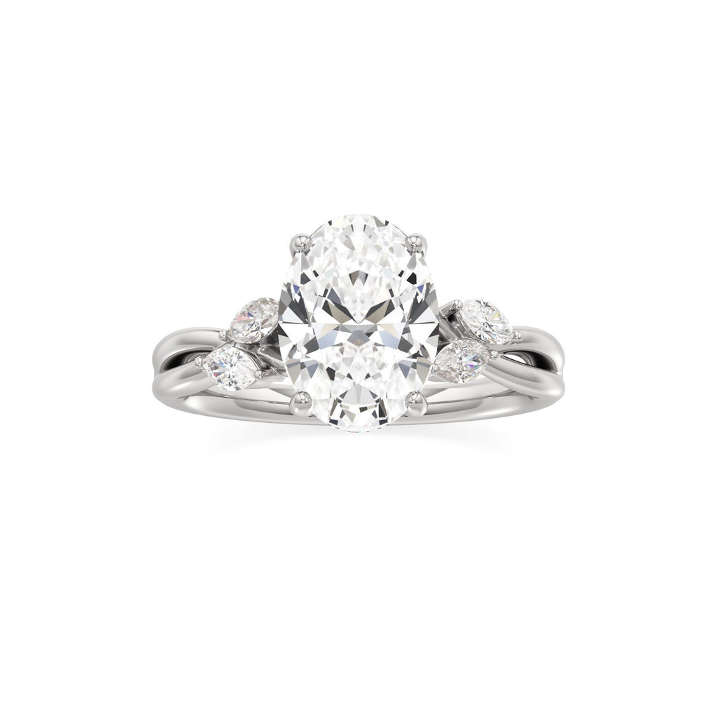 3.00 ct East-West Floral Ring, IGI Certified Lab Grown Diamond, Split Shank Solitaire 3ct White Gold Oval