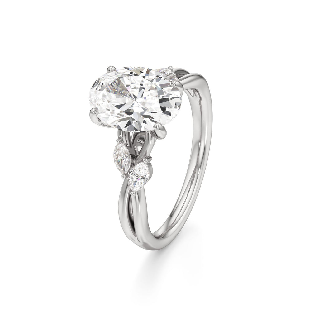 3.00 ct East-West Floral Ring, IGI Certified Lab Grown Diamond, Split Shank Solitaire 3ct White Gold Oval