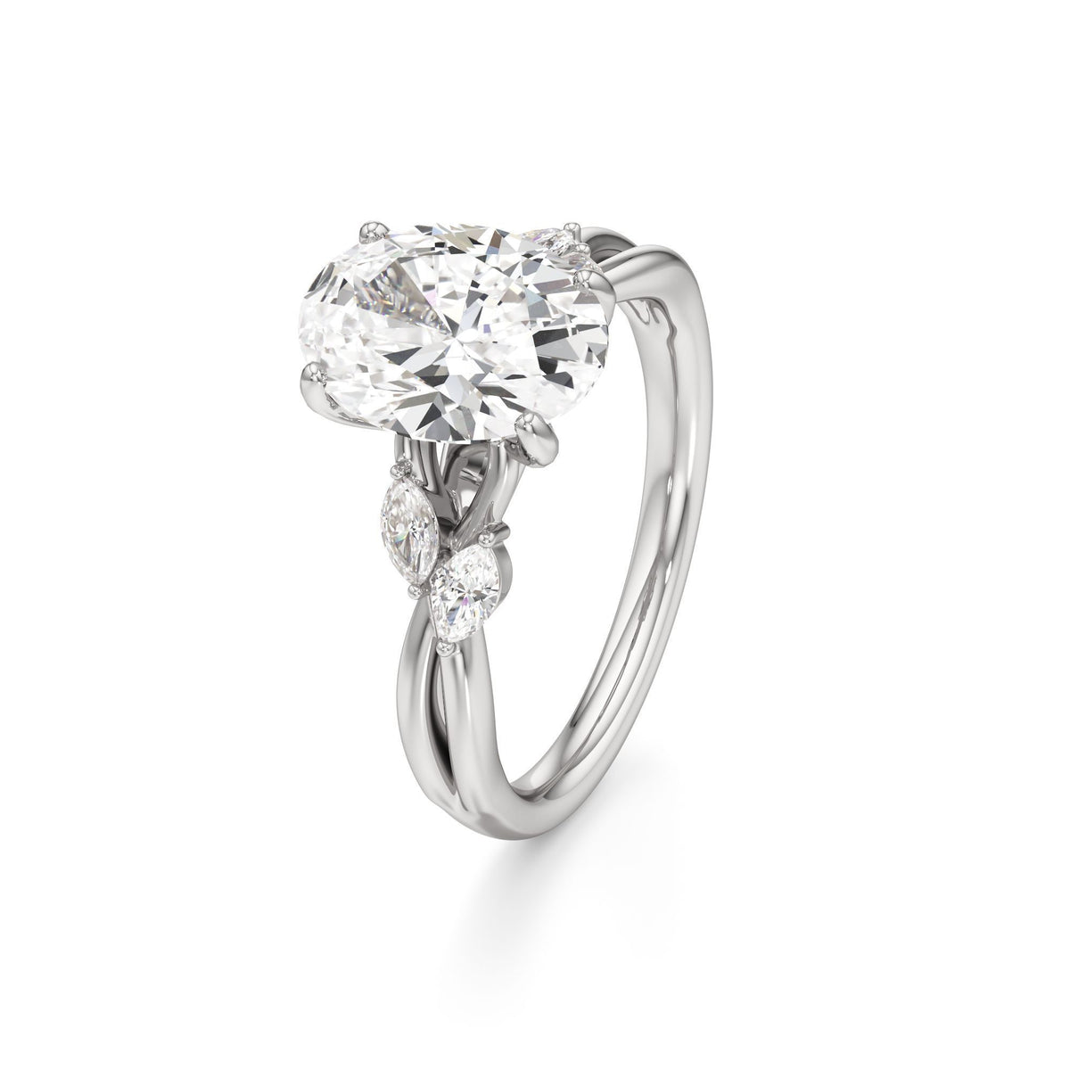 3.00 ct East-West Floral Ring, IGI Certified Lab Grown Diamond, Split Shank Solitaire 3ct White Gold Oval