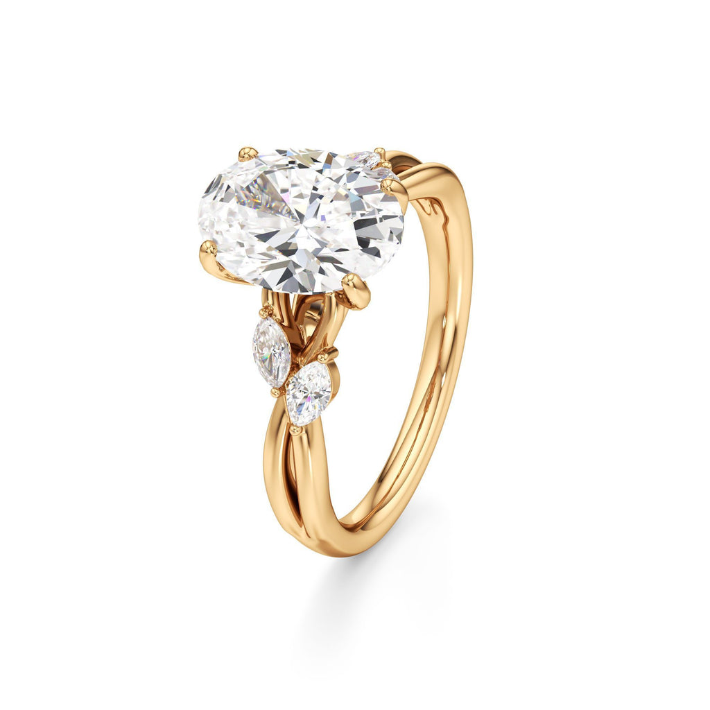 3.00 ct East-West Floral Ring, IGI Certified Lab Grown Diamond, Split Shank Solitaire 3ct Yellow Gold Oval