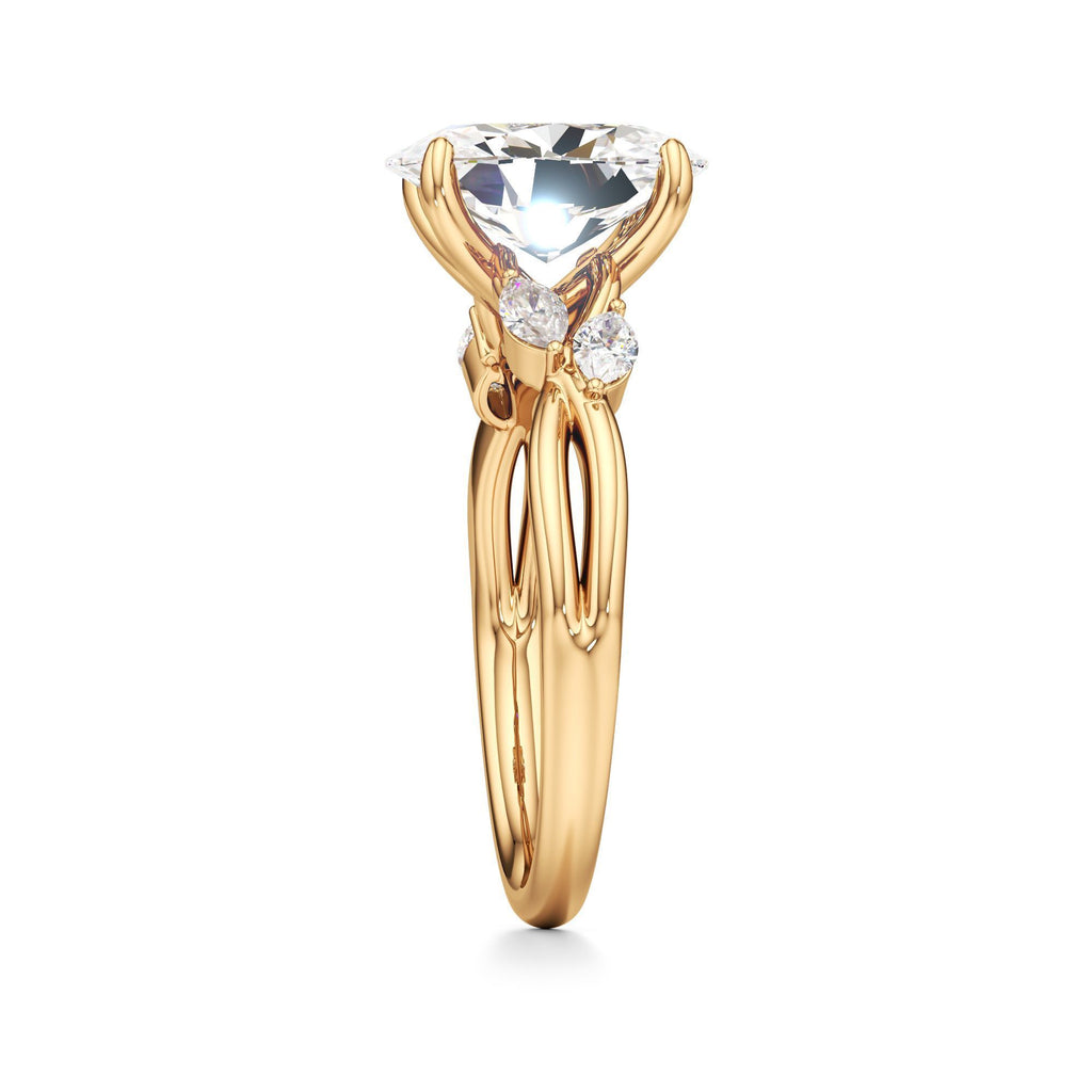 3.00 ct East-West Floral Ring, IGI Certified Lab Grown Diamond, Split Shank Solitaire 3ct Yellow Gold Oval