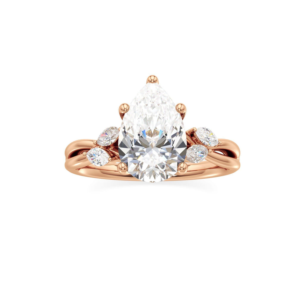 3.00 ct East-West Floral Ring, IGI Certified Lab Grown Diamond, Split Shank Solitaire 3ct Rose Gold Pear