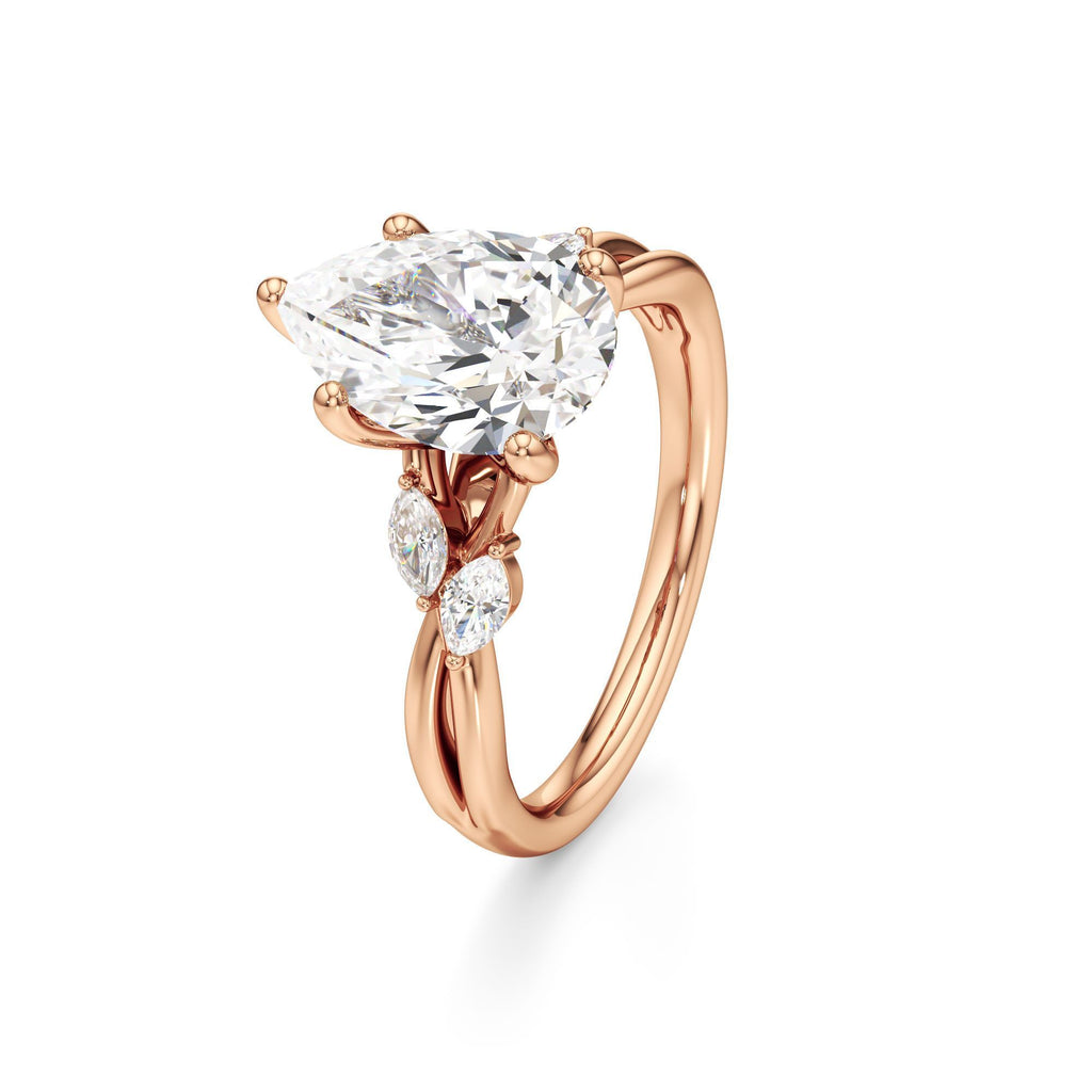 3.00 ct East-West Floral Ring, IGI Certified Lab Grown Diamond, Split Shank Solitaire 3ct Rose Gold Pear