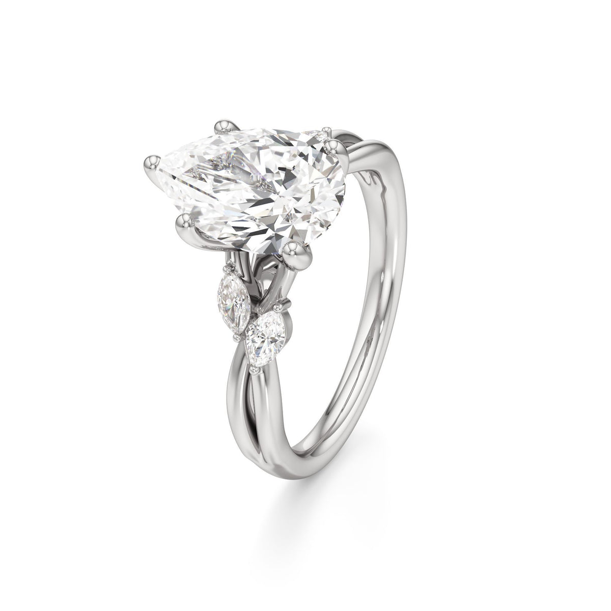 3.00 ct East-West Floral Ring, IGI Certified Lab Grown Diamond, Split Shank Solitaire 3ct White Gold Pear