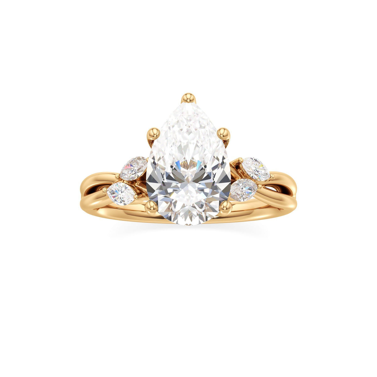 3.00 ct East-West Floral Ring, IGI Certified Lab Grown Diamond, Split Shank Solitaire 3ct Yellow Gold Pear