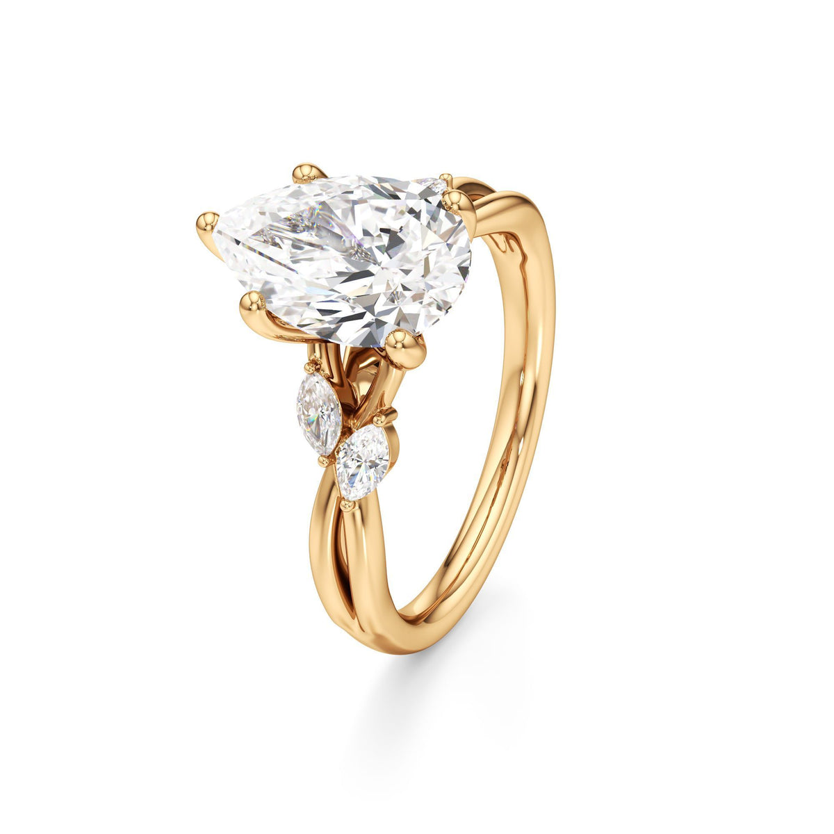 3.00 ct East-West Floral Ring, IGI Certified Lab Grown Diamond, Split Shank Solitaire 3ct Yellow Gold Pear