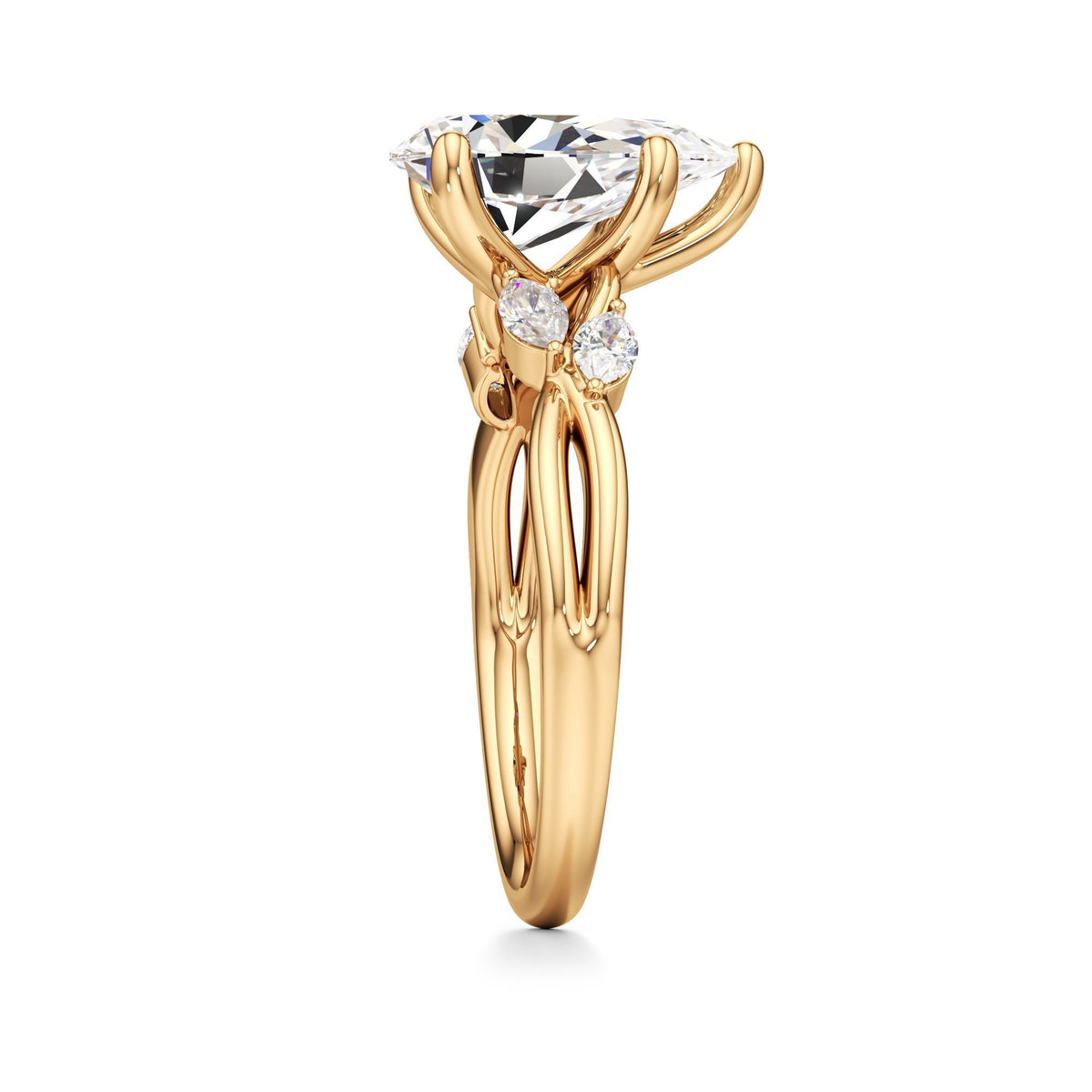 3.00 ct East-West Floral Ring, IGI Certified Lab Grown Diamond, Split Shank Solitaire 3ct Yellow Gold Pear