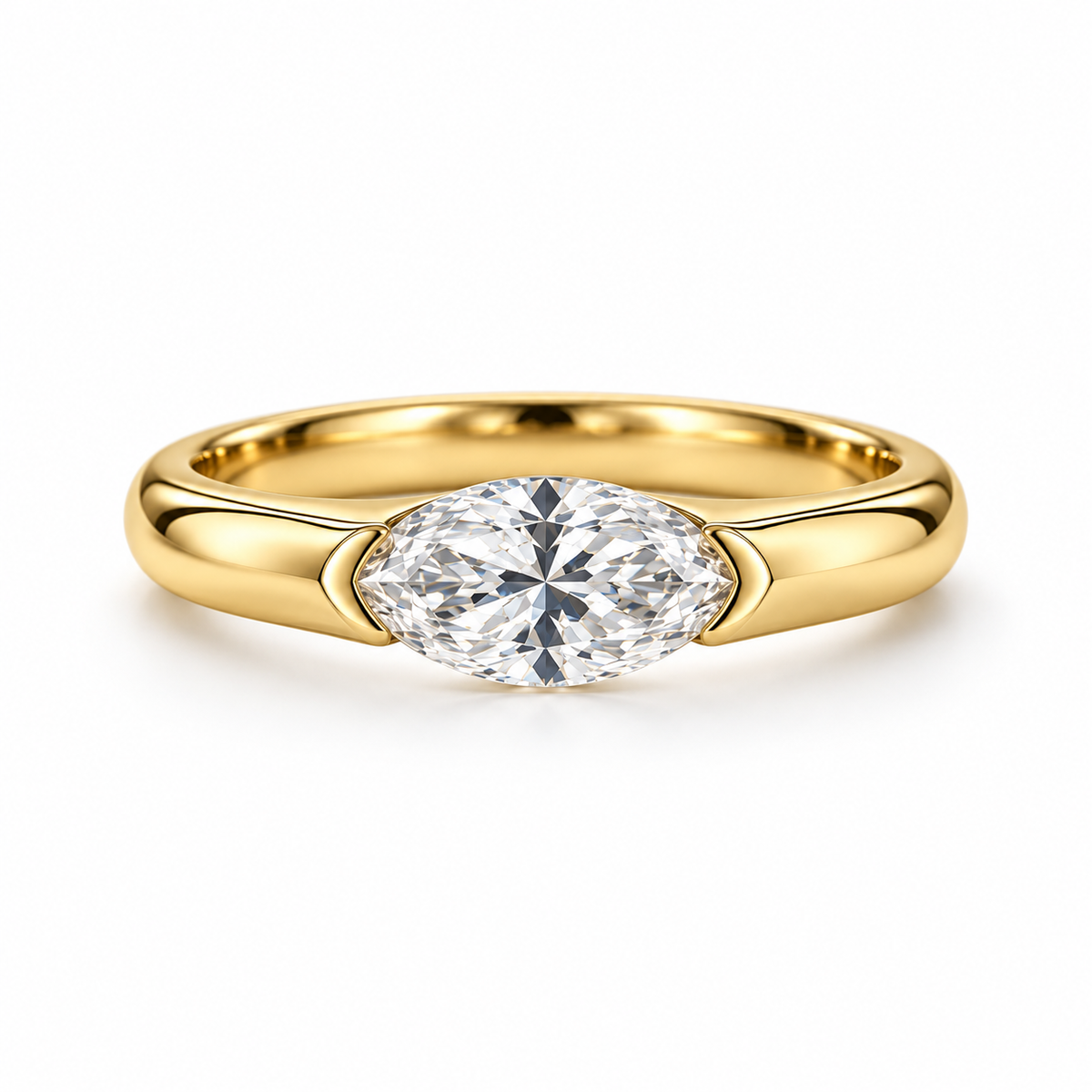 1.00 ct East-West Marquise Ring, IGI Certified Lab Grown Diamond, Half-Bezel Solitaire 1ct Yellow Gold