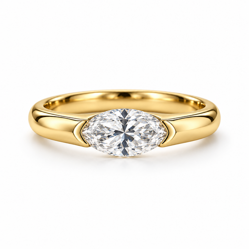 1.00 ct East-West Marquise Ring, IGI Certified Lab Grown Diamond, Half-Bezel Solitaire 1ct Yellow Gold