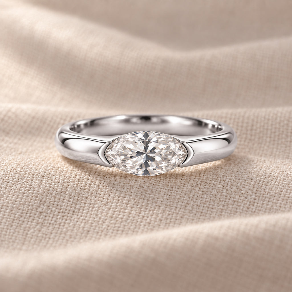 1.00 ct East-West Marquise Ring, IGI Certified Lab Grown Diamond, Half-Bezel Solitaire 1ct White Gold