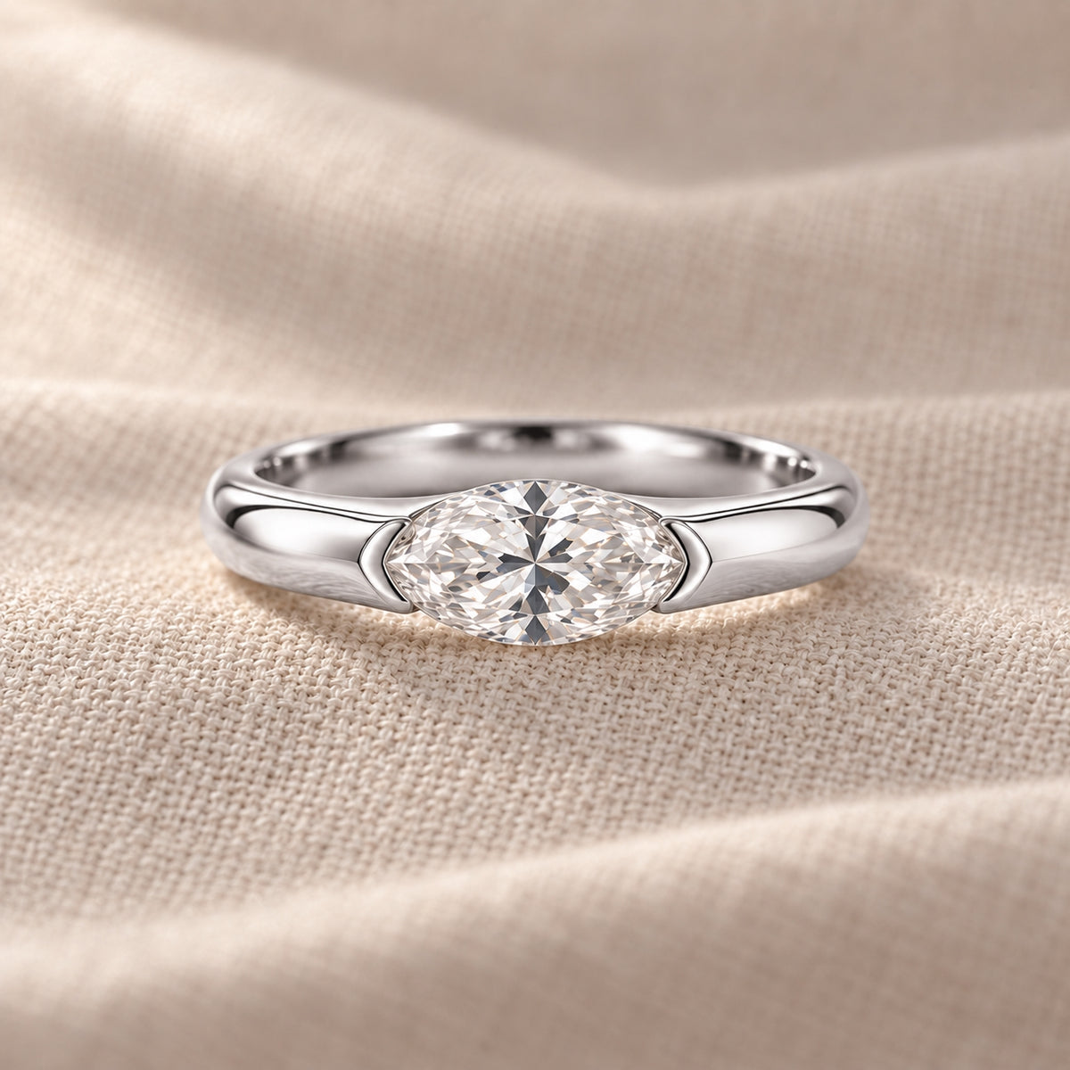 1.00 ct East-West Marquise Ring, IGI Certified Lab Grown Diamond, Half-Bezel Solitaire 1ct White Gold