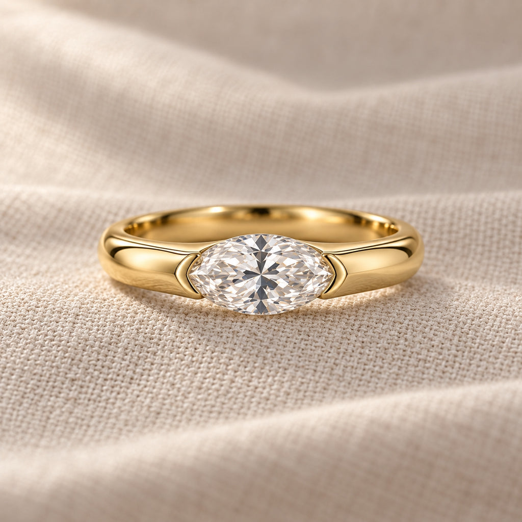 1.00 ct East-West Marquise Ring, IGI Certified Lab Grown Diamond, Half-Bezel Solitaire 1ct Yellow Gold