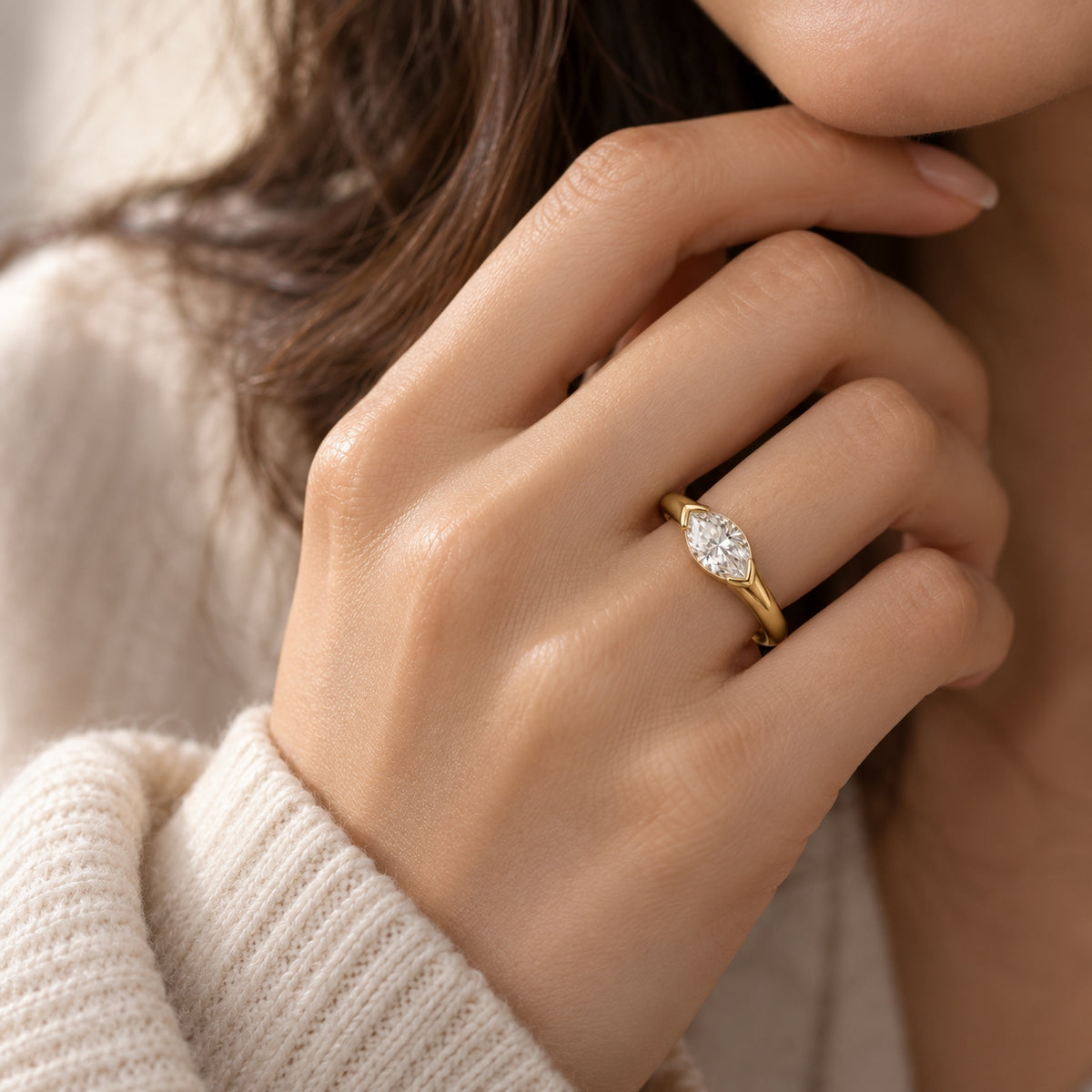 1.00 ct East-West Marquise Ring, IGI Certified Lab Grown Diamond, Half-Bezel Solitaire 1ct Yellow Gold