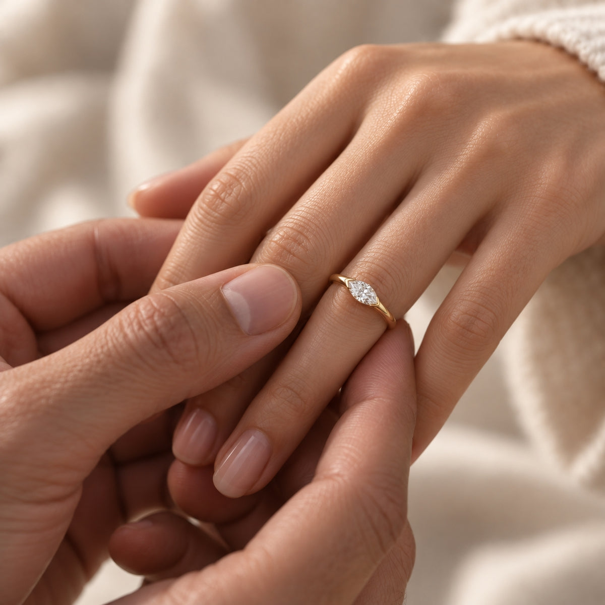 1.00 ct East-West Marquise Ring, IGI Certified Lab Grown Diamond, Half-Bezel Solitaire 1ct Yellow Gold