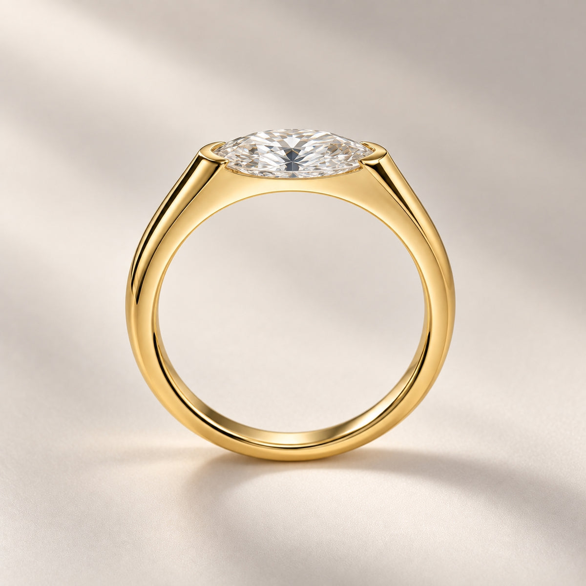 1.00 ct East-West Marquise Ring, IGI Certified Lab Grown Diamond, Half-Bezel Solitaire 1ct Yellow Gold
