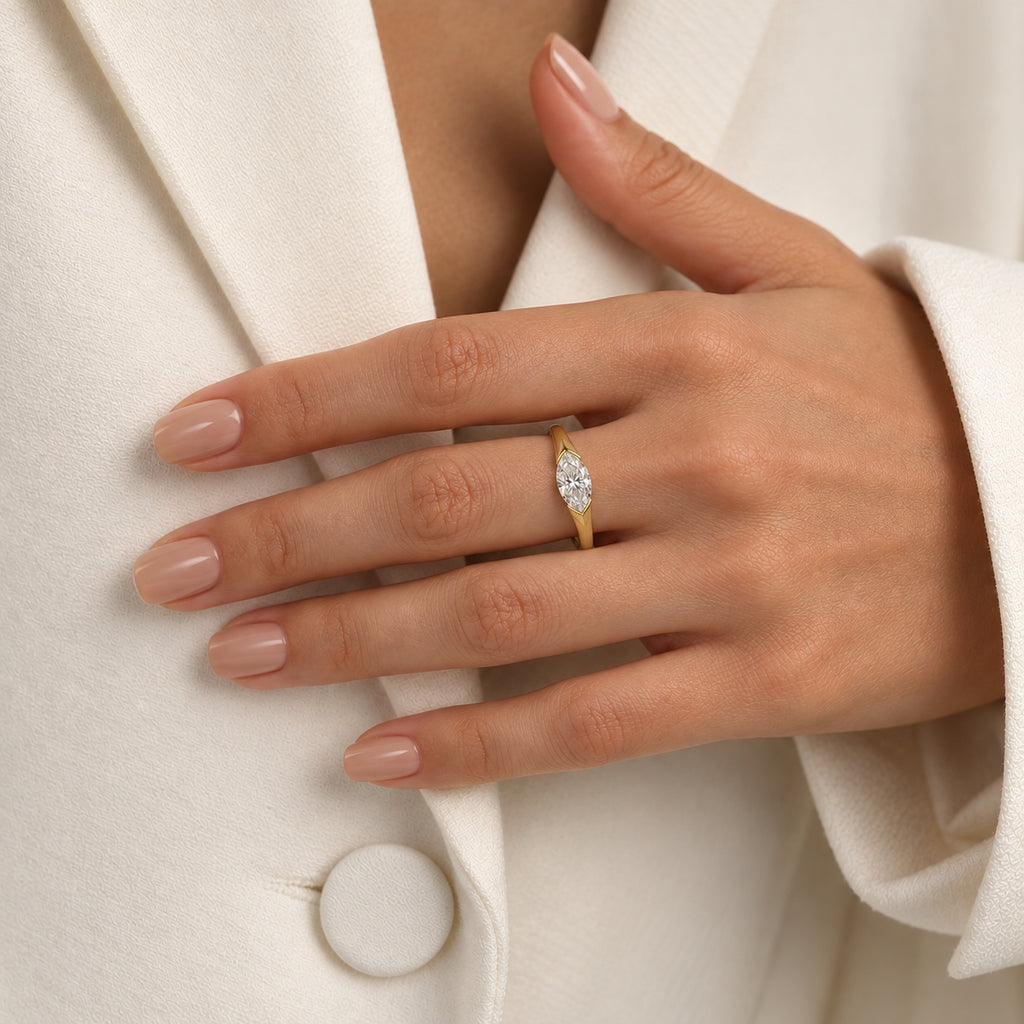 1.00 ct East-West Marquise Ring, IGI Certified Lab Grown Diamond, Half-Bezel Solitaire 1ct Yellow Gold