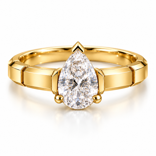 1.00 ct Pear Architectural Solitaire, IGI Certified Lab Grown Diamond, Polished Statement Band 1ct Yellow Gold