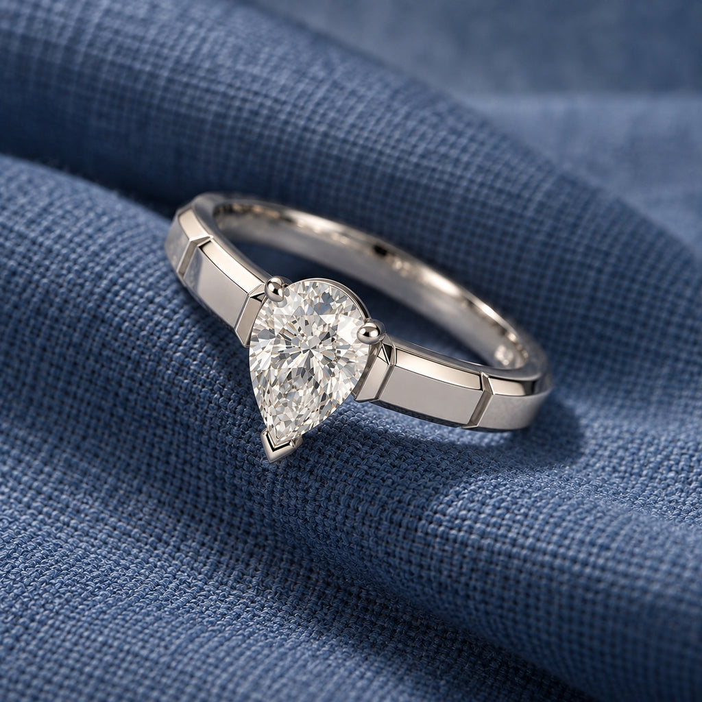 1.00 ct Pear Architectural Solitaire, IGI Certified Lab Grown Diamond, Polished Statement Band 1ct White Gold