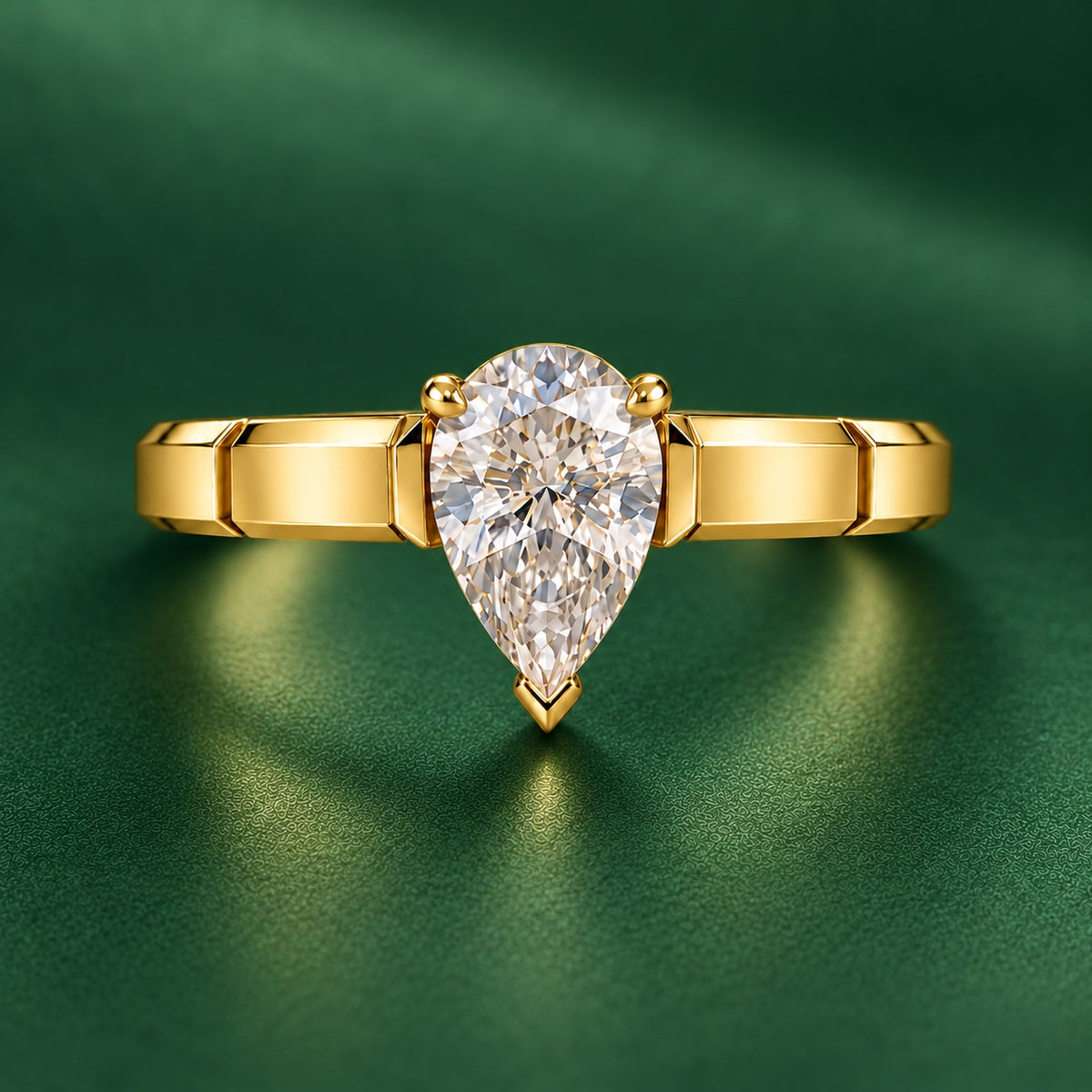 1.00 ct Pear Architectural Solitaire, IGI Certified Lab Grown Diamond, Polished Statement Band 1ct Yellow Gold