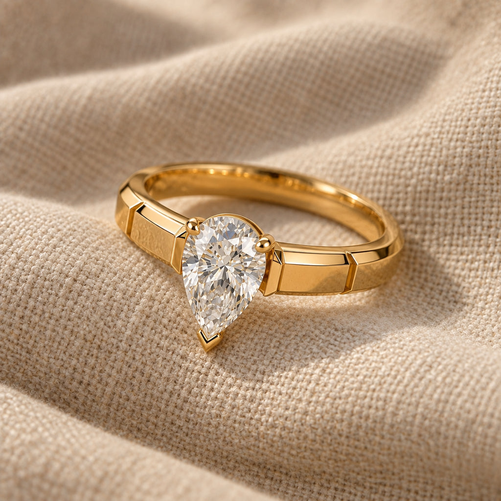 1.00 ct Pear Architectural Solitaire, IGI Certified Lab Grown Diamond, Polished Statement Band 1ct Yellow Gold