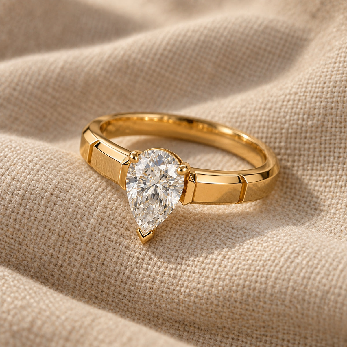 1.00 ct Pear Architectural Solitaire, IGI Certified Lab Grown Diamond, Polished Statement Band 1ct Yellow Gold