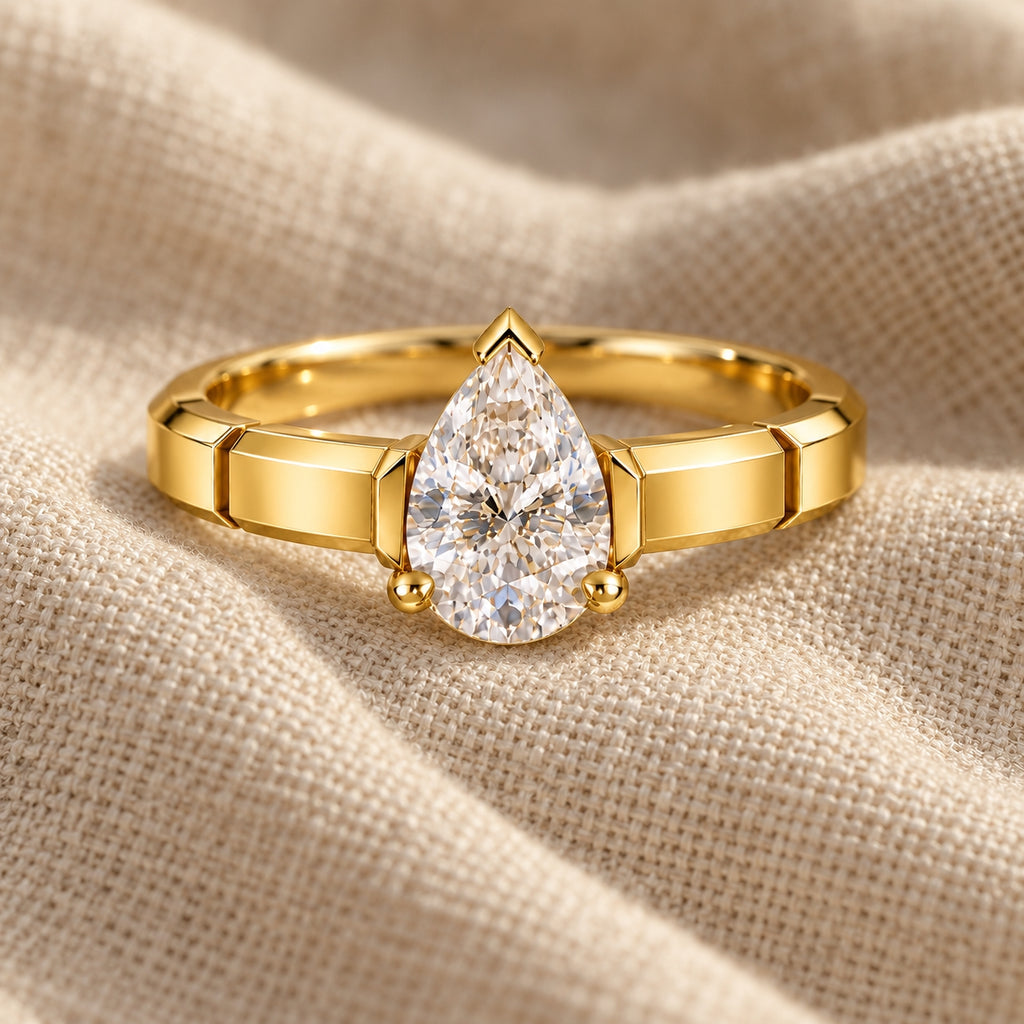 1.00 ct Pear Architectural Solitaire, IGI Certified Lab Grown Diamond, Polished Statement Band 1ct Yellow Gold