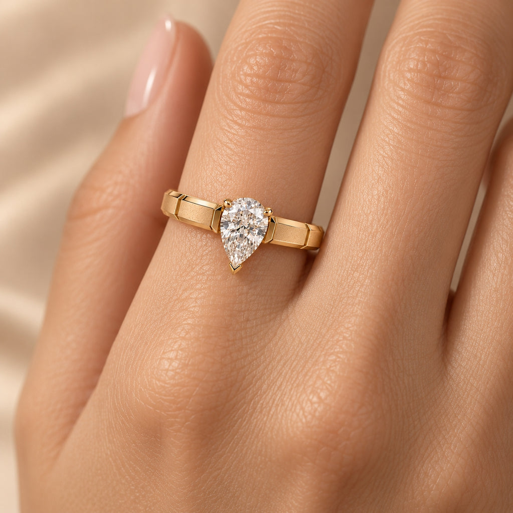 1.00 ct Pear Architectural Solitaire, IGI Certified Lab Grown Diamond, Polished Statement Band 1ct Yellow Gold