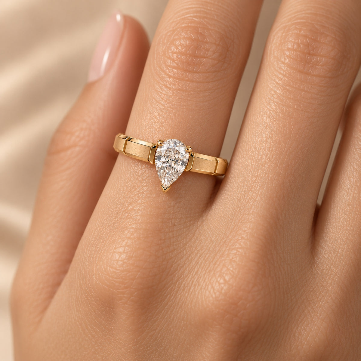 1.00 ct Pear Architectural Solitaire, IGI Certified Lab Grown Diamond, Polished Statement Band 1ct Yellow Gold