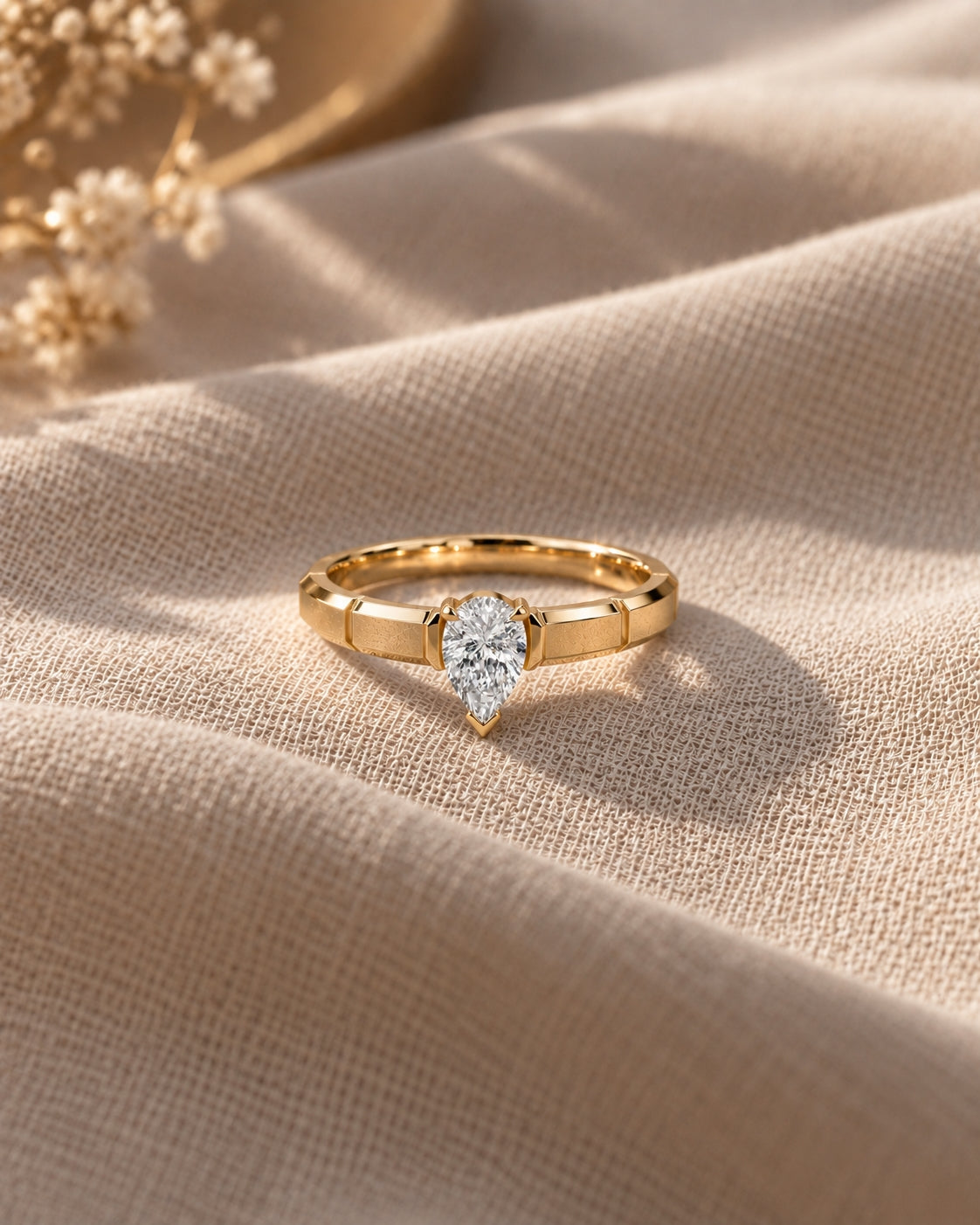 1.00 ct Pear Architectural Solitaire, IGI Certified Lab Grown Diamond, Polished Statement Band 1ct Yellow Gold