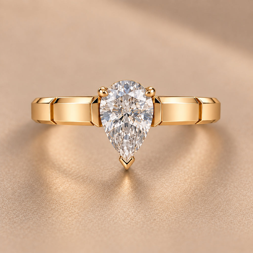 1.00 ct Pear Architectural Solitaire, IGI Certified Lab Grown Diamond, Polished Statement Band 1ct Yellow Gold