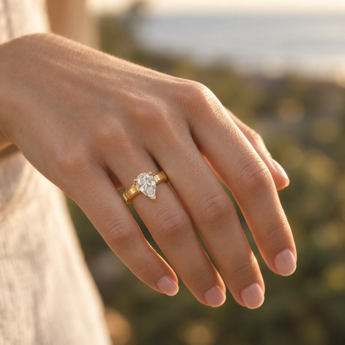 1.00 ct Pear Architectural Solitaire, IGI Certified Lab Grown Diamond, Polished Statement Band 1ct Yellow Gold