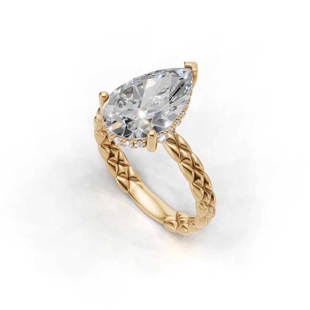 3.00 ct Golden Spiga Ring, IGI Certified Lab Grown Diamond, Intricate Braid Design 3ct Yellow Gold Pear